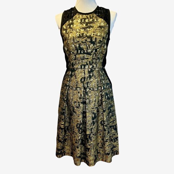 Carmen Mark Valvo dress black gold midi sz 4 fit flare sleeveless - Picture 1 of 10